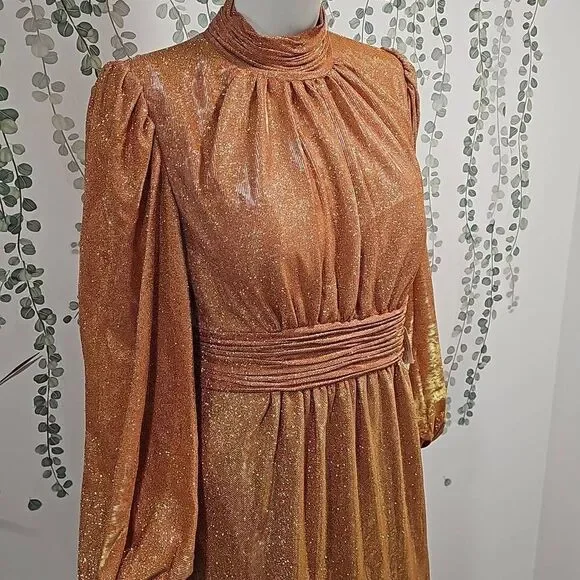 Mac Duggal Bishop Sleeve High Neck Dress Sz 12 - Picture 8 of 11